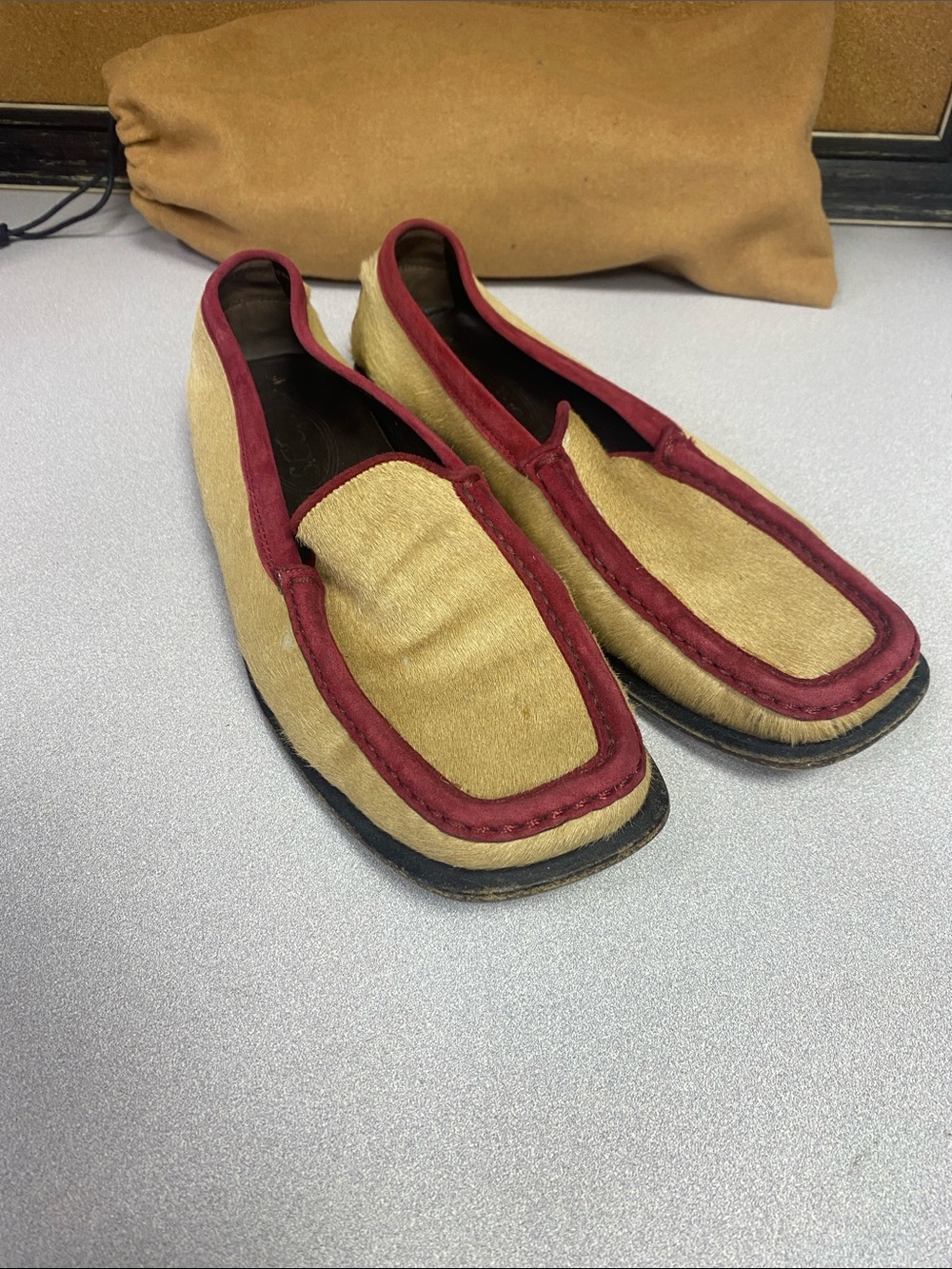 Tod's Tan and Burgundy Pony Hair Slip-On Loafers